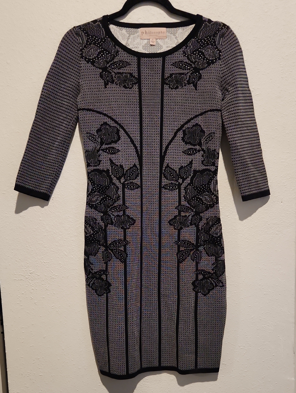 Philosophy Dresses Small Black Floral Lace Print Sweater Dress